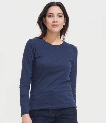 02075 Front, back, and side views of the SOL'S Ladies Imperial Long Sleeve T-Shirt in French Navy, featuring a fitted style, elastane ribbed collar, and twin-needle stitching.