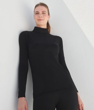 SF Clothing Ladies Feel Good Stretch Roll Neck T-Shirt with fitted style, self-fabric roll neck, and twin-needle stitching.
